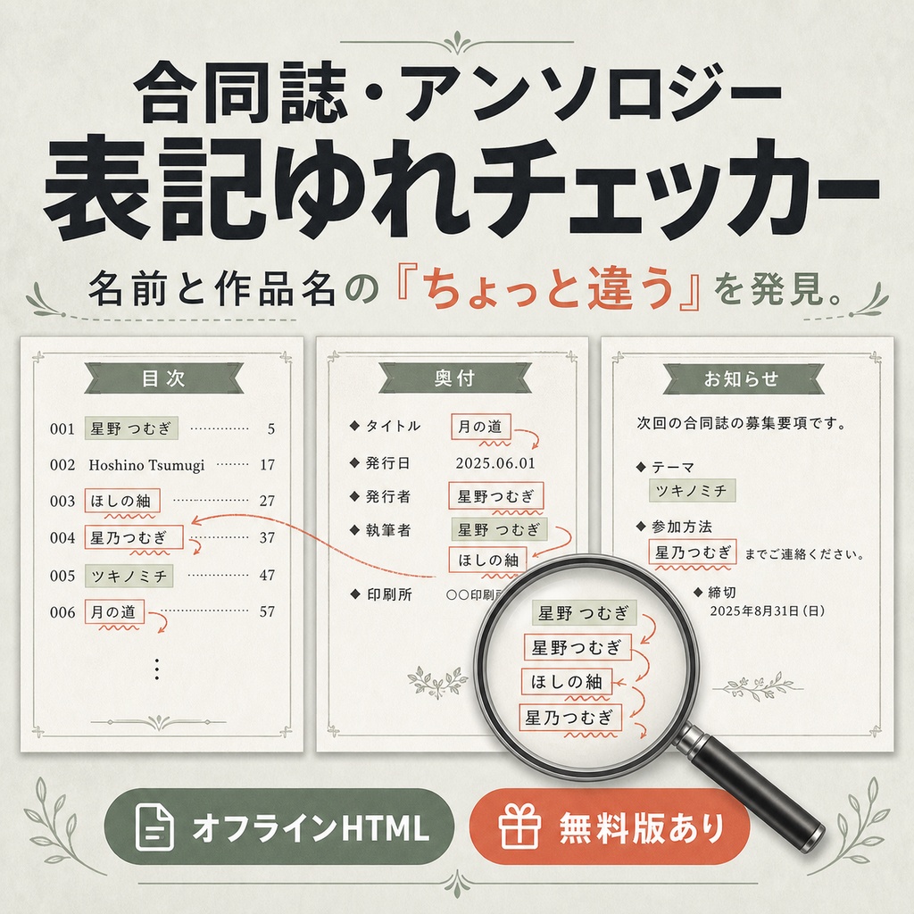 合同誌・アンソロジー表記ゆれチェッカー｜目次・奥付・告知文の名前／作品名／ページを一括照合【無料版あり】
