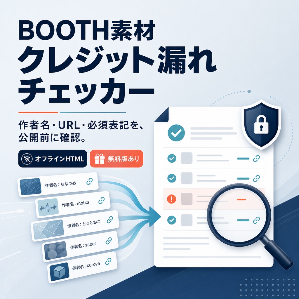 BOOTH素材クレジット表記生成・漏れチェッカー｜作者名・商品URL・必須表記を公開前に確認【無料版あり】