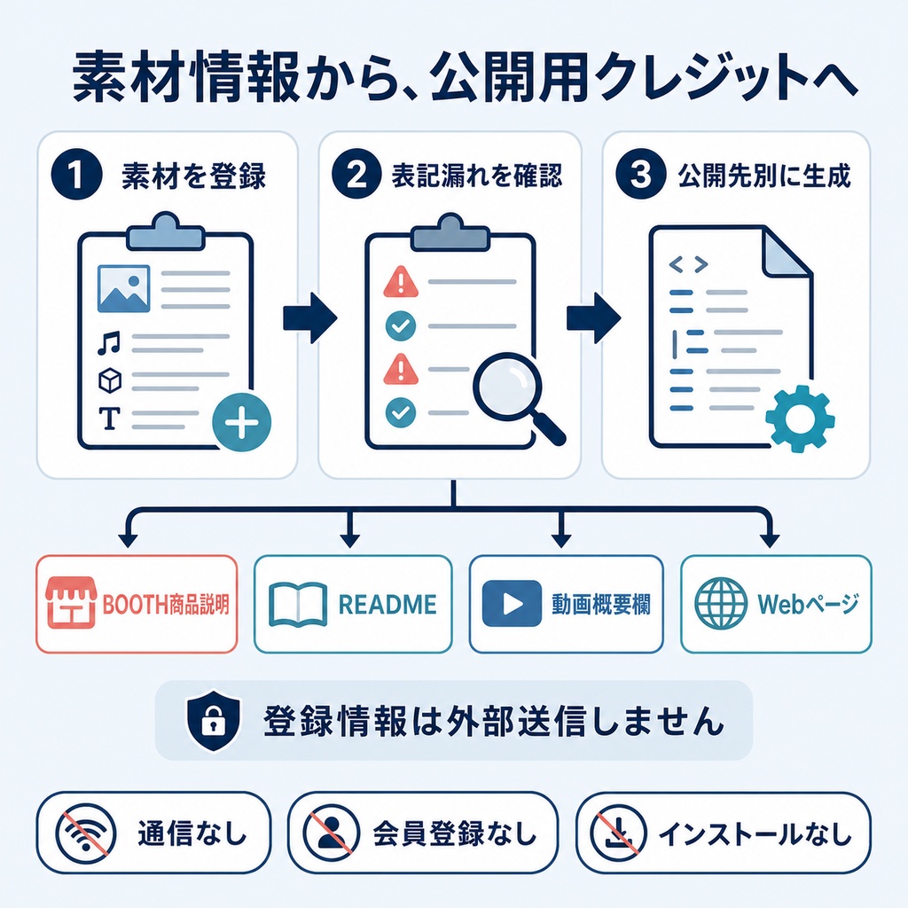 BOOTH素材クレジット表記生成・漏れチェッカー|作者名・商品URL・必須表記を公開前に確認【無料版あり】