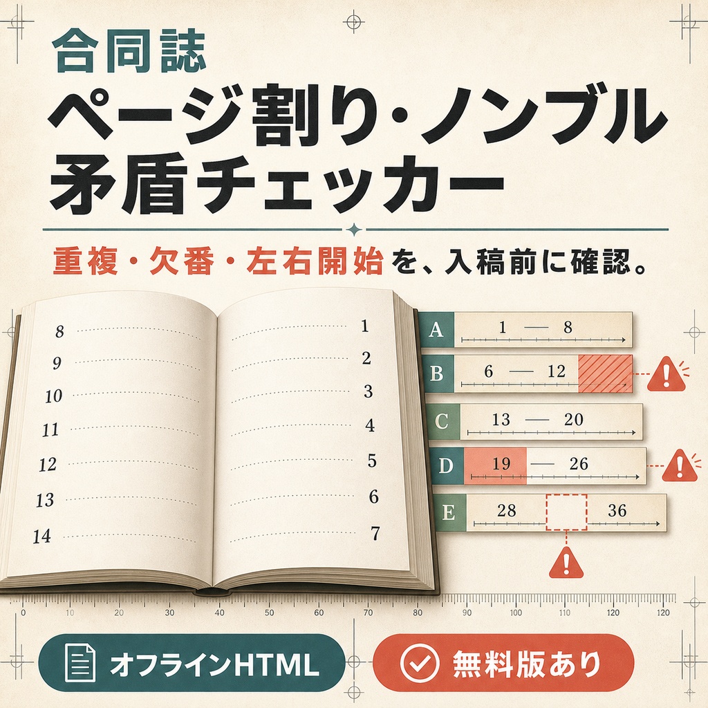 合同誌ページ割り・ノンブル矛盾チェッカー｜ページ重複・欠番・左右開始を入稿前に確認【無料版あり】