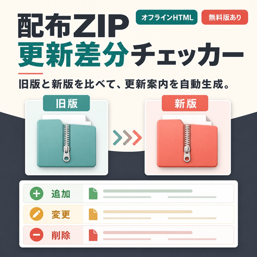 配布ZIP更新差分チェッカー|旧版・新版を比較して購入者向け更新案内を自動生成【無料版あり】