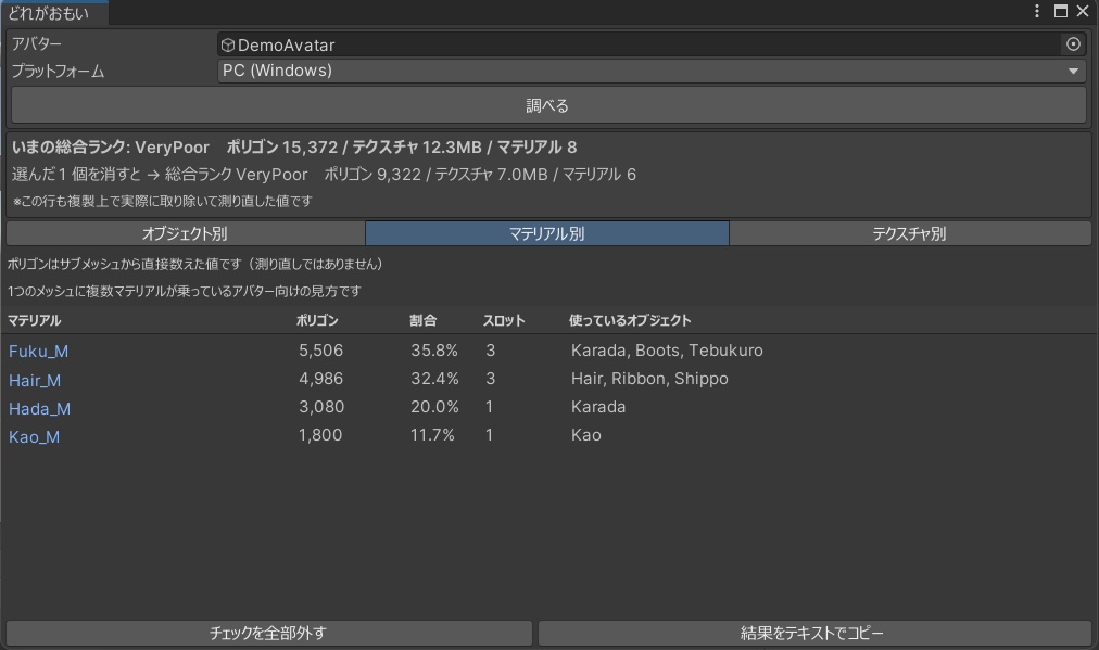 【VRChat】その服、消しても軽くなりません!軽量化の内訳を実測で出す「どれがおもい」