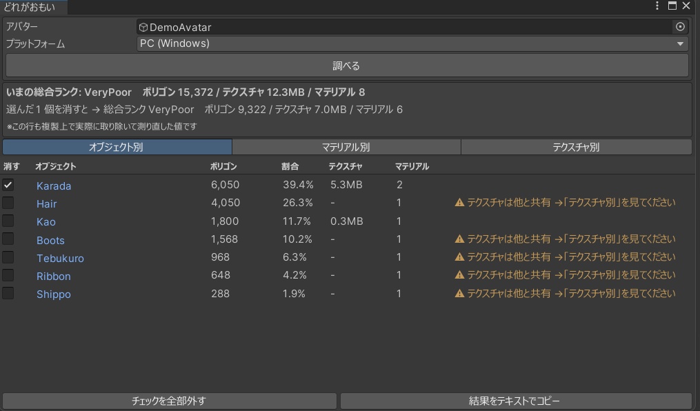 【VRChat】その服、消しても軽くなりません!軽量化の内訳を実測で出す「どれがおもい」
