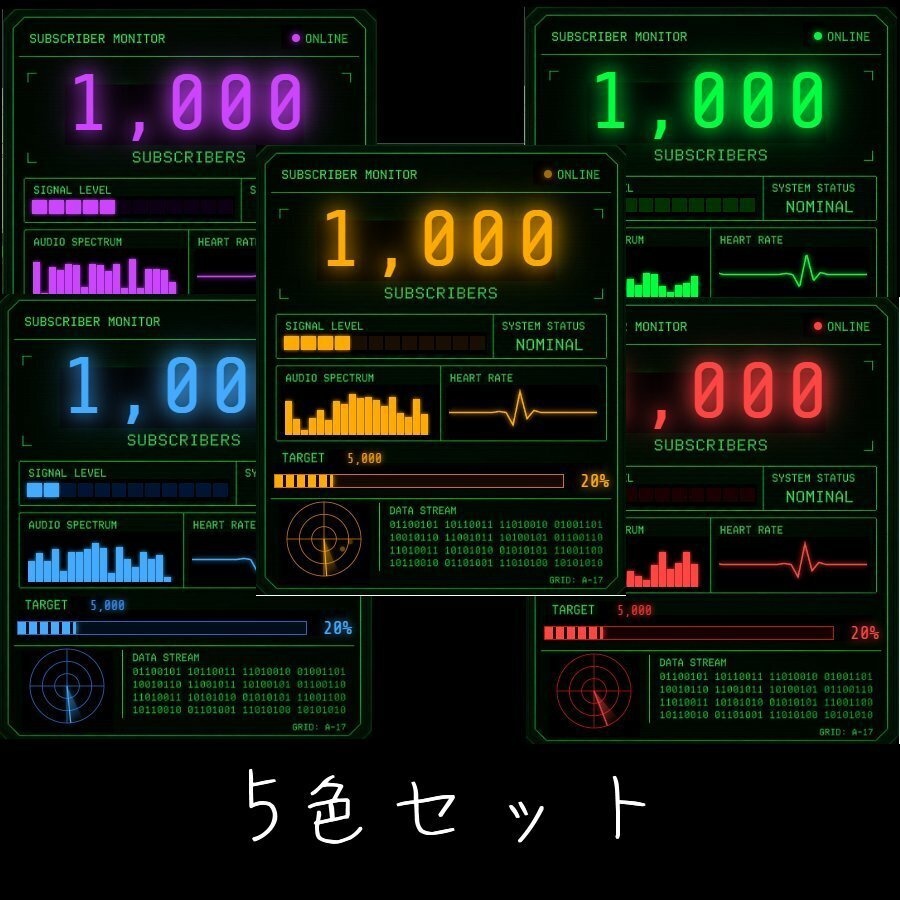 【わんコメ対応】サイバーモニター風 チャンネル登録者数カウンター 5色セット【OBS】