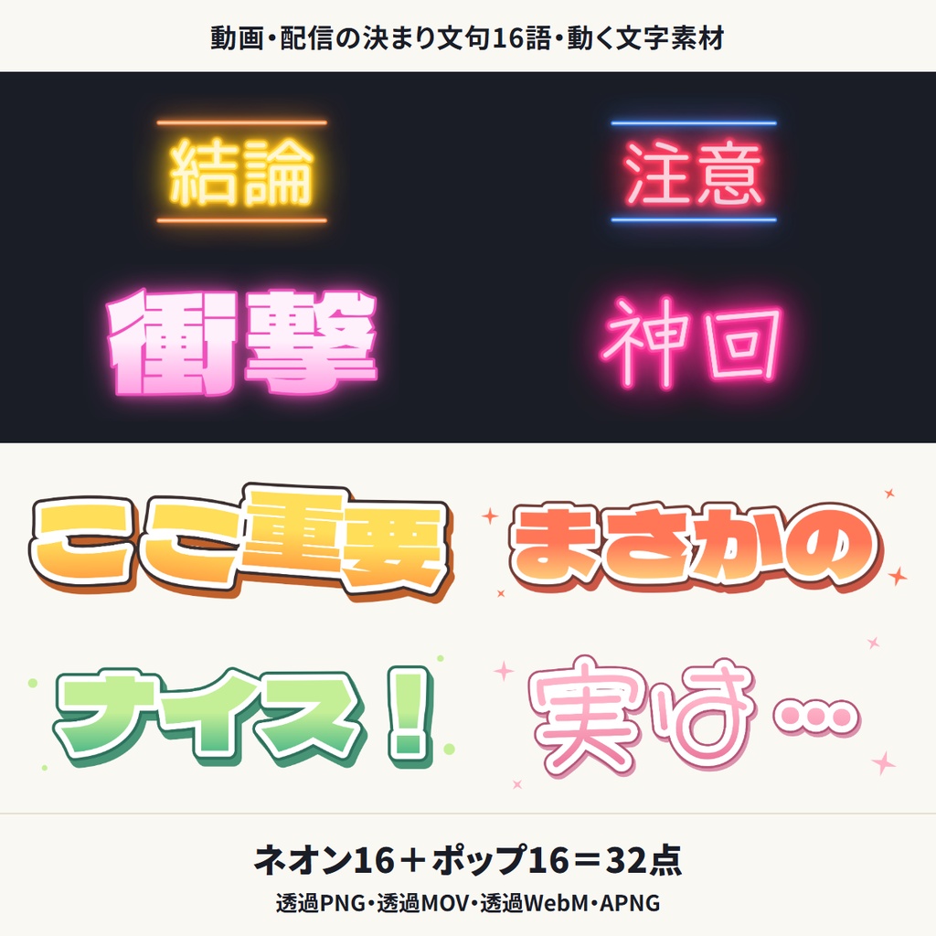 動画・配信の決まり文句 動く文字素材16語 透過MOV/WebM/PNG