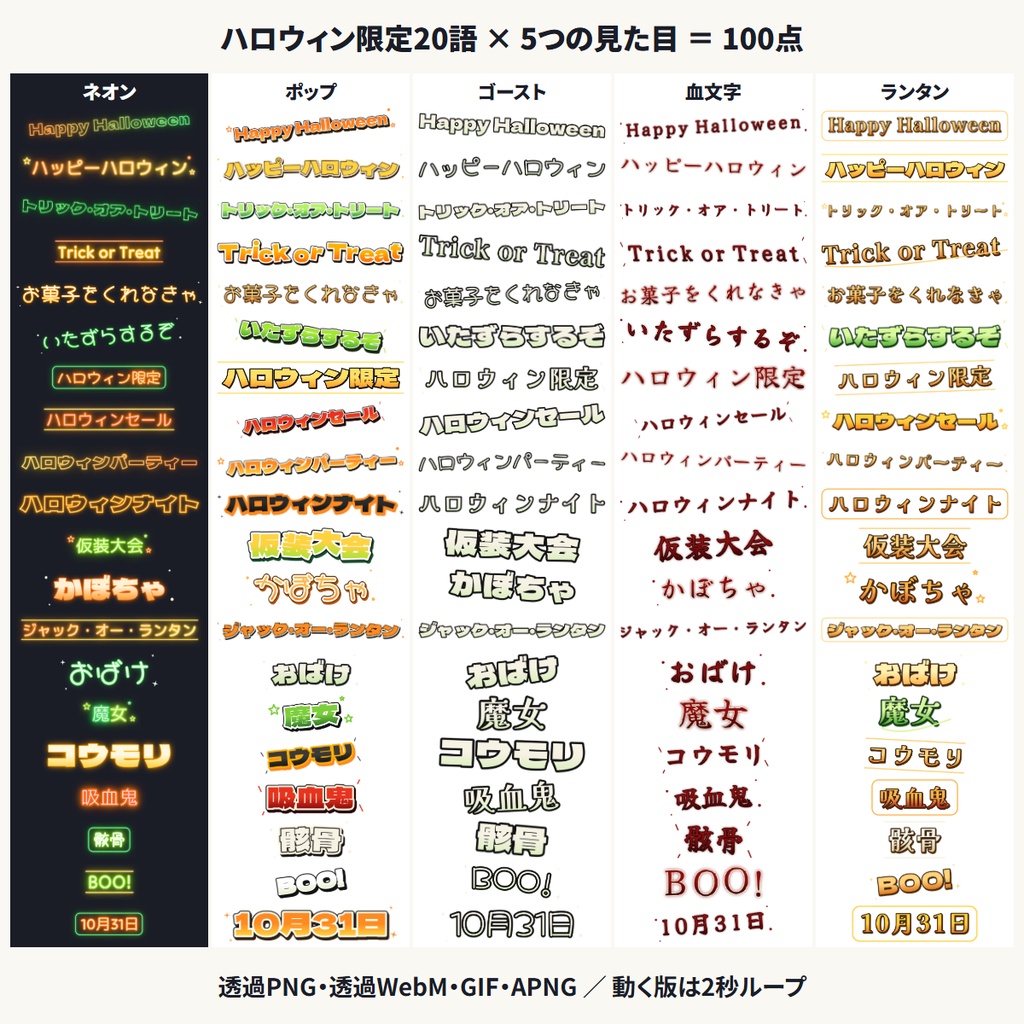 ハロウィン素材 動く文字20語(ハロウィン限定) 透過PNG/WebM/GIF/APNG