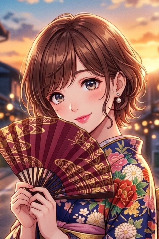 着物姿の美少女を描いたスマホ用壁紙