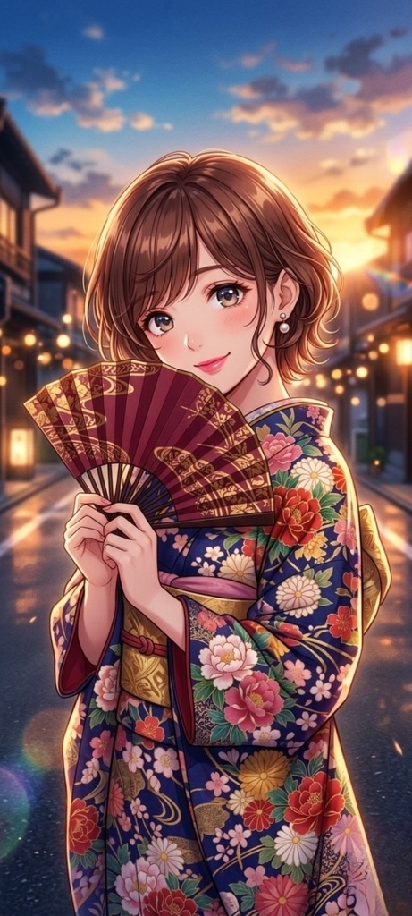 着物姿の美少女を描いたスマホ用壁紙