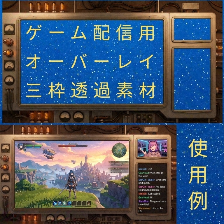 モニター配信画面オーバーレイ・レトロSF研究ラボ(ゲーム画面/チャット/カメラ3枠透過PNG)【商用フリー/OBS直貼り】