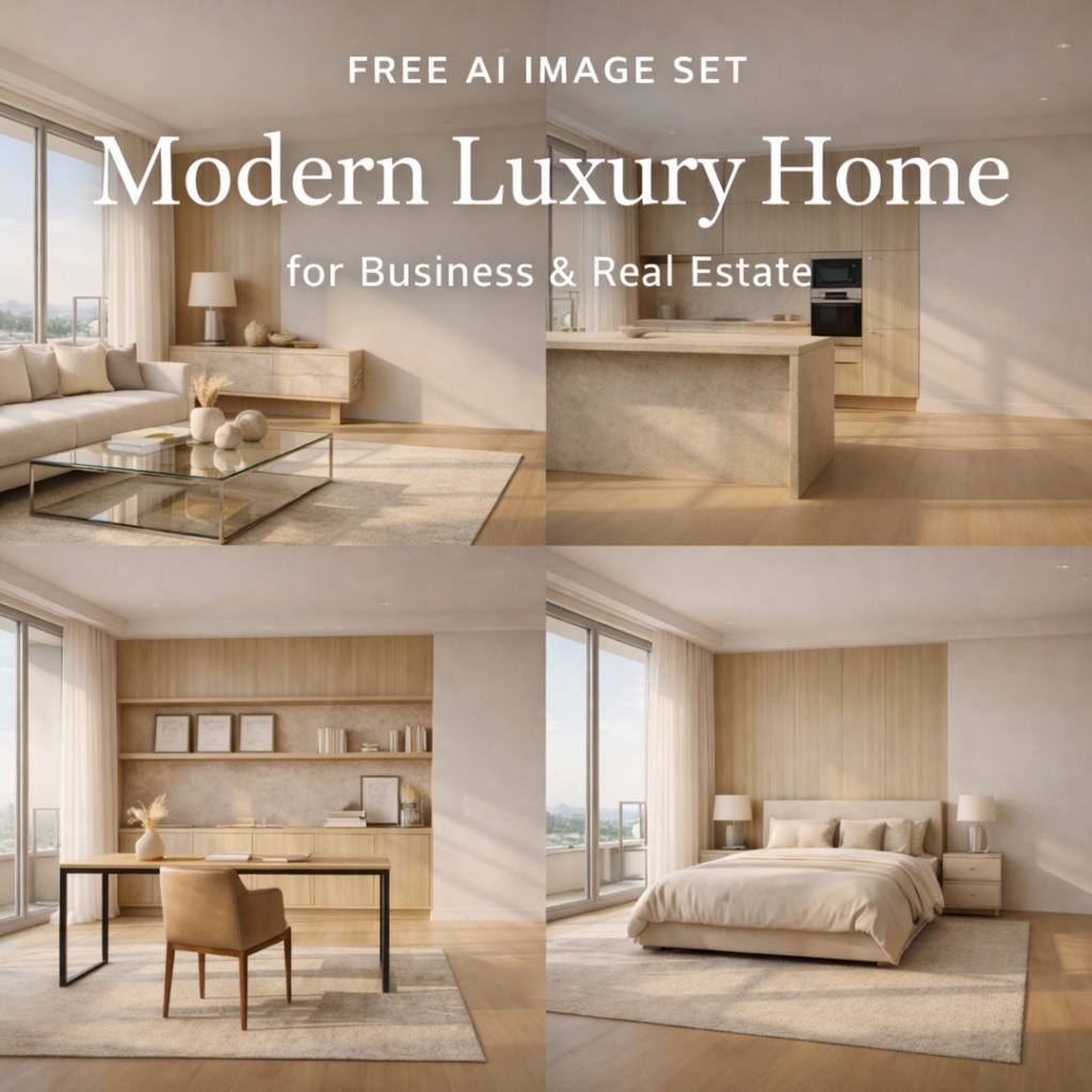 【無料】高級モダン住宅の内装画像セット – ビジネス・不動産・LP用AI素材4点