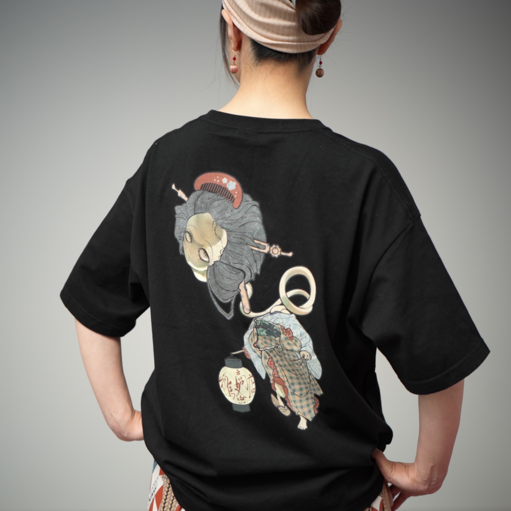 【男女兼用】ろくろ首バックプリントTシャツ（ビックシルエット）黒・白