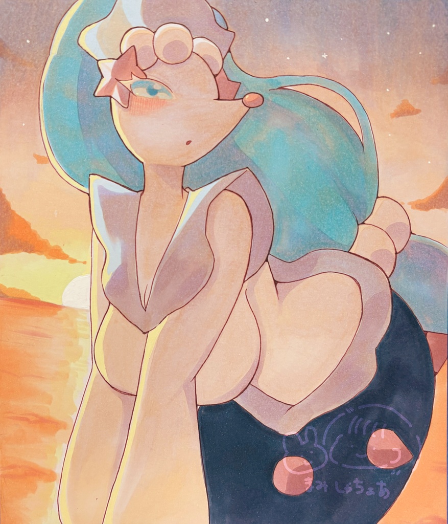 アシレーヌ  夕焼けと人魚　手描きイラスト