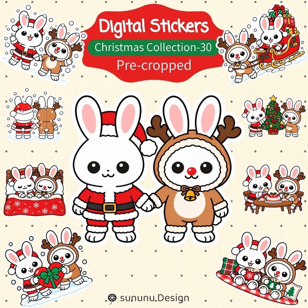 かわいいウサギのクリスマスデジタルステッカー30点|デジタルプランナー・Goodnotes・デジタル手帳対応