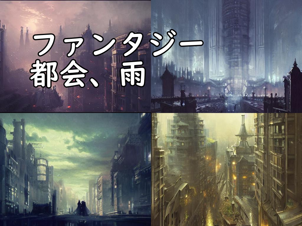 イラスト素材／背景素材　ファンタジー都会、雨