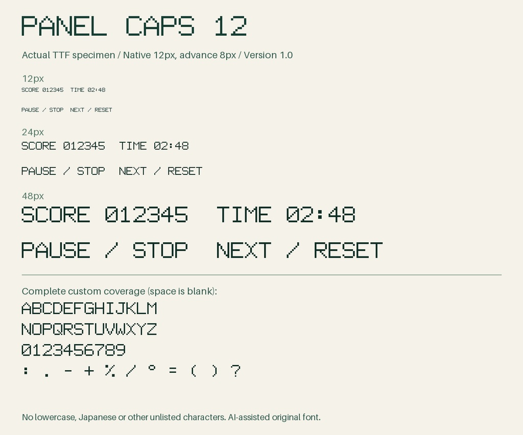 Panel Caps 12|英大文字・数字48字種の等幅ピクセルフォント / TTF