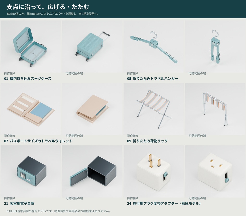 【3D小物】旅行・ホテル滞在の小物24点セット |Blender・GLB