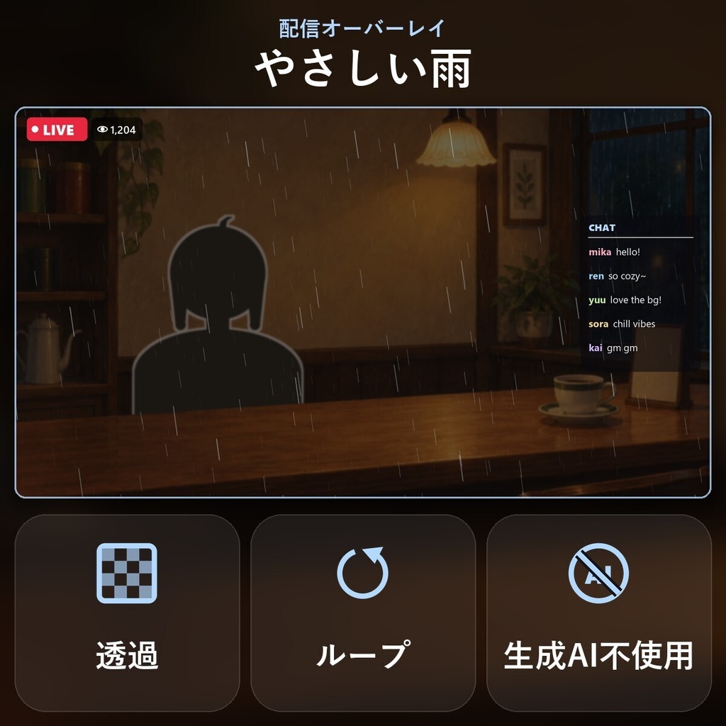 【配信オーバーレイ】やさしい雨（透過ループ）｜生成AI不使用