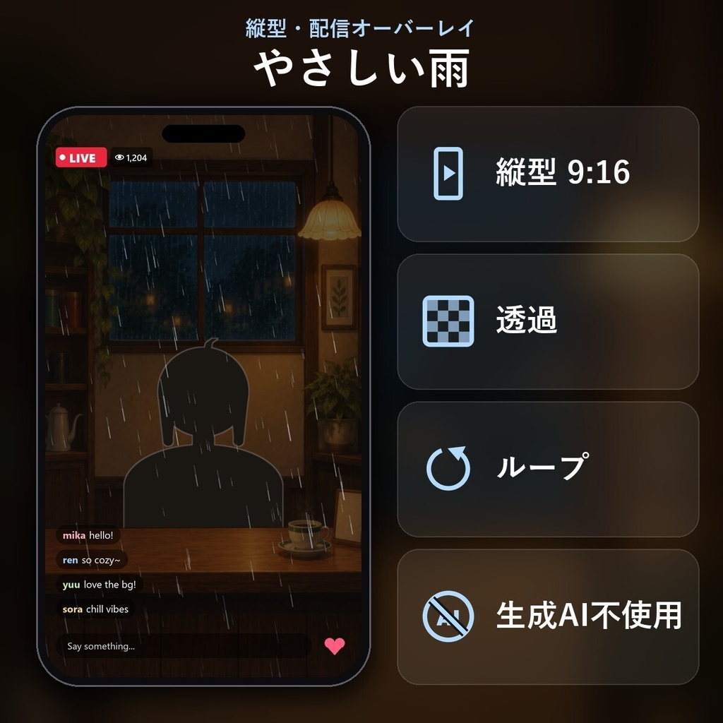【縦型・配信オーバーレイ】やさしい雨（透過ループ）｜生成AI不使用