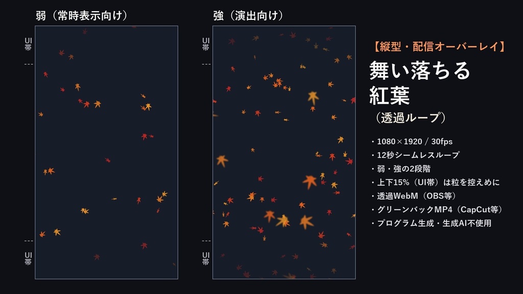 【縦型・配信オーバーレイ】舞い落ちる紅葉(透過ループ)|生成AI不使用