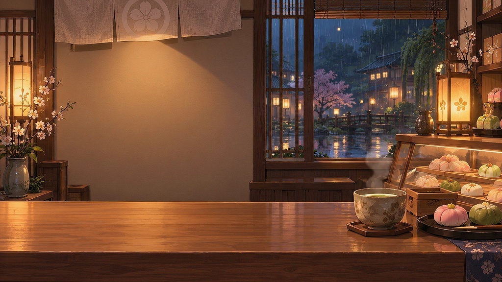【動く配信背景・4K対応】雨の夜の和菓子屋カウンター|前景透過つき