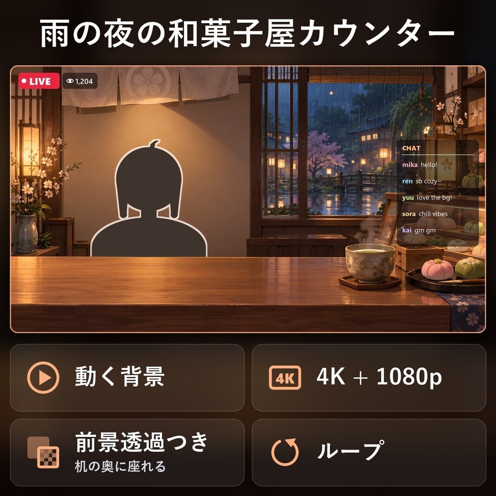 【動く配信背景・4K対応】雨の夜の和菓子屋カウンター｜前景透過つき