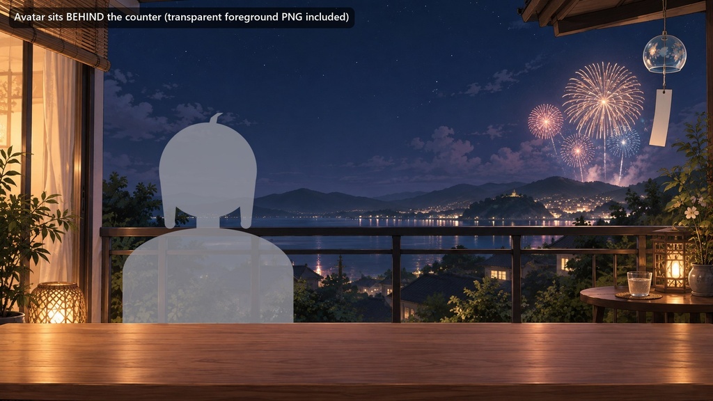 【動く配信背景・4K対応】花火が見える夏の夜のベランダ|前景透過つき