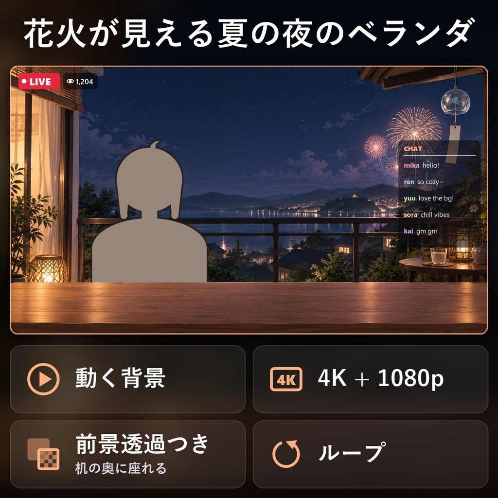 【動く配信背景・4K対応】花火が見える夏の夜のベランダ｜前景透過つき