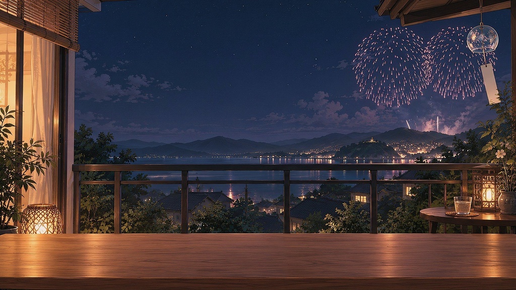 【動く配信背景・4K対応】花火が見える夏の夜のベランダ|前景透過つき