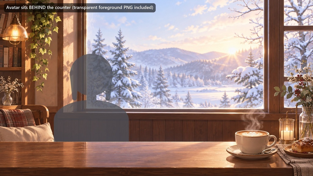 【動く配信背景・4K対応】雪の朝のカフェの窓辺|前景透過つき