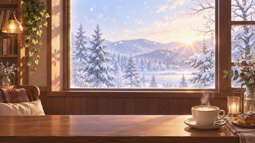 【動く配信背景・4K対応】雪の朝のカフェの窓辺|前景透過つき