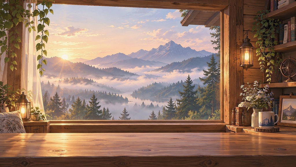 【動く配信背景・4K対応】朝霧の山小屋の窓辺|前景透過つき