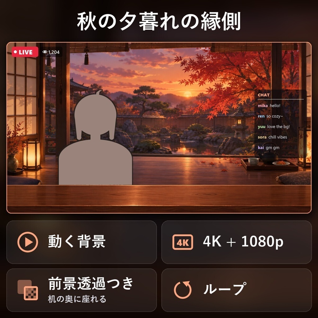 【動く配信背景・4K対応】秋の夕暮れの縁側｜前景透過つき