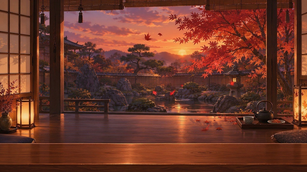 【動く配信背景・4K対応】秋の夕暮れの縁側|前景透過つき
