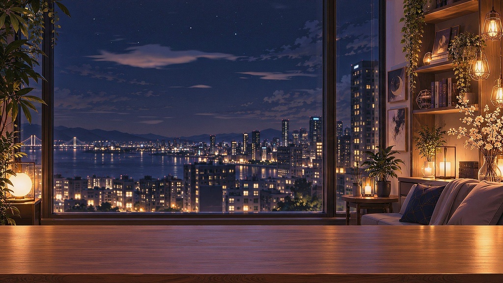 【動く配信背景・4K対応】夜景が見える高層階の窓辺|前景透過つき