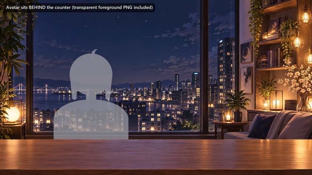 【動く配信背景・4K対応】夜景が見える高層階の窓辺|前景透過つき