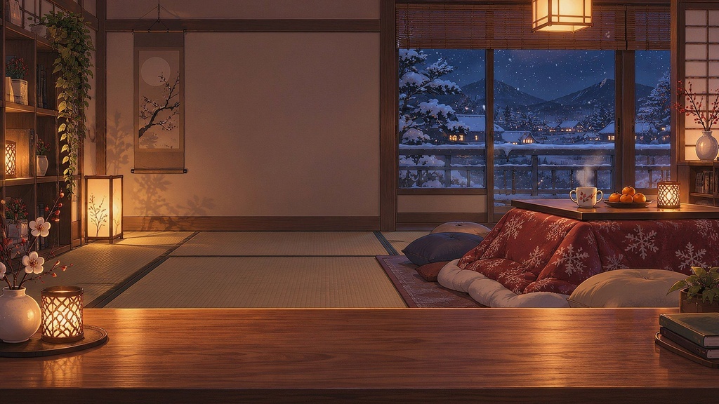 【動く配信背景・4K対応】冬の夜のこたつ部屋|前景透過つき