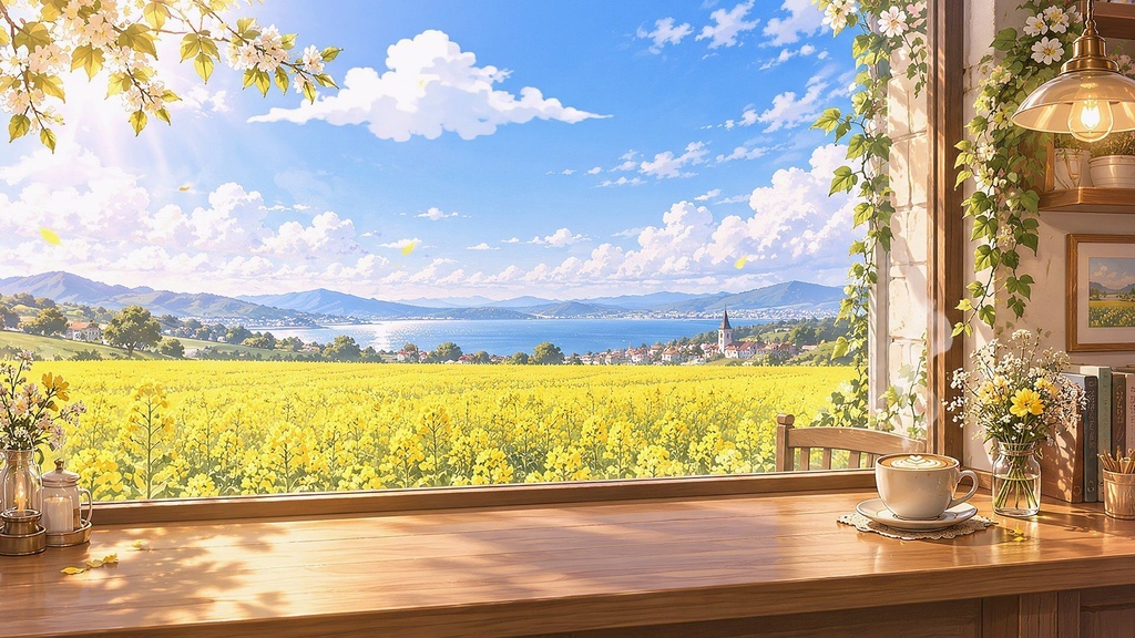 【動く配信背景・4K対応】菜の花畑が見える春のカフェ|前景透過つき