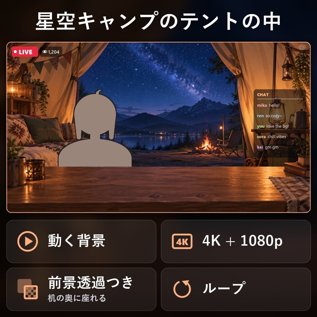 【動く配信背景・4K対応】星空キャンプのテントの中｜前景透過つき