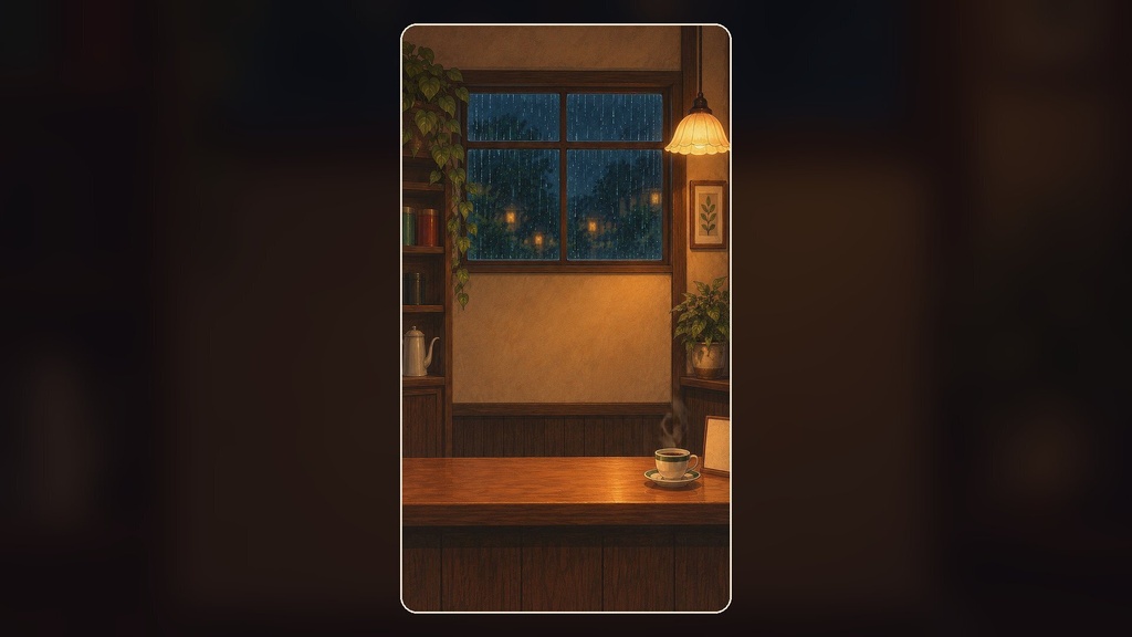 【縦型・動く配信背景・4K対応】雨の夜の喫茶店カウンター|前景透過つき