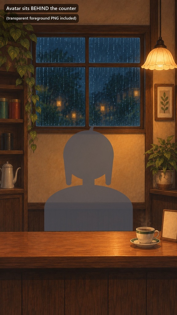 【縦型・動く配信背景・4K対応】雨の夜の喫茶店カウンター|前景透過つき