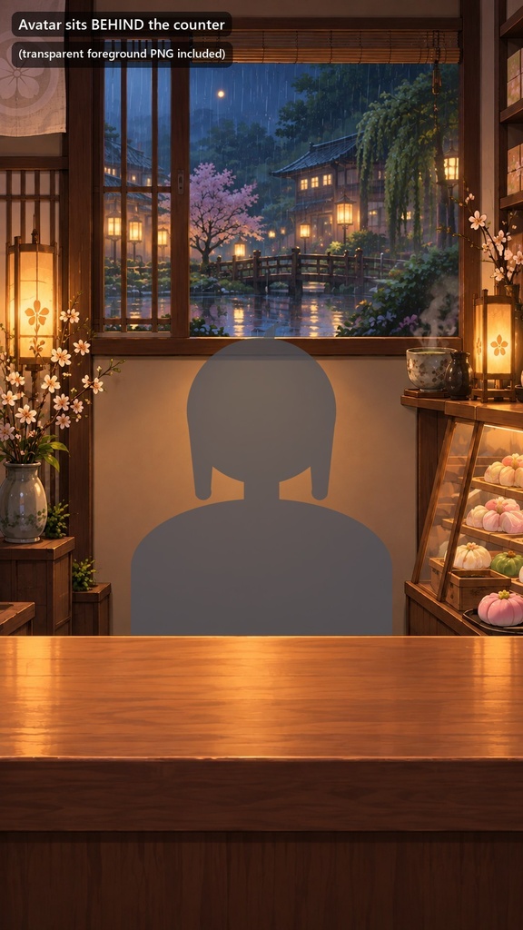 【縦型・動く配信背景・4K対応】雨の夜の和菓子屋カウンター|前景透過つき