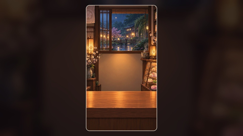 【縦型・動く配信背景・4K対応】雨の夜の和菓子屋カウンター|前景透過つき