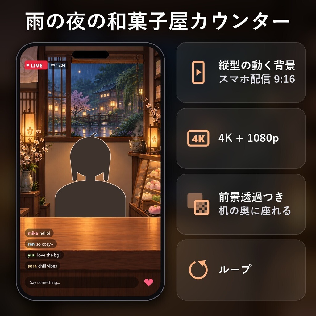 【縦型・動く配信背景・4K対応】雨の夜の和菓子屋カウンター｜前景透過つき