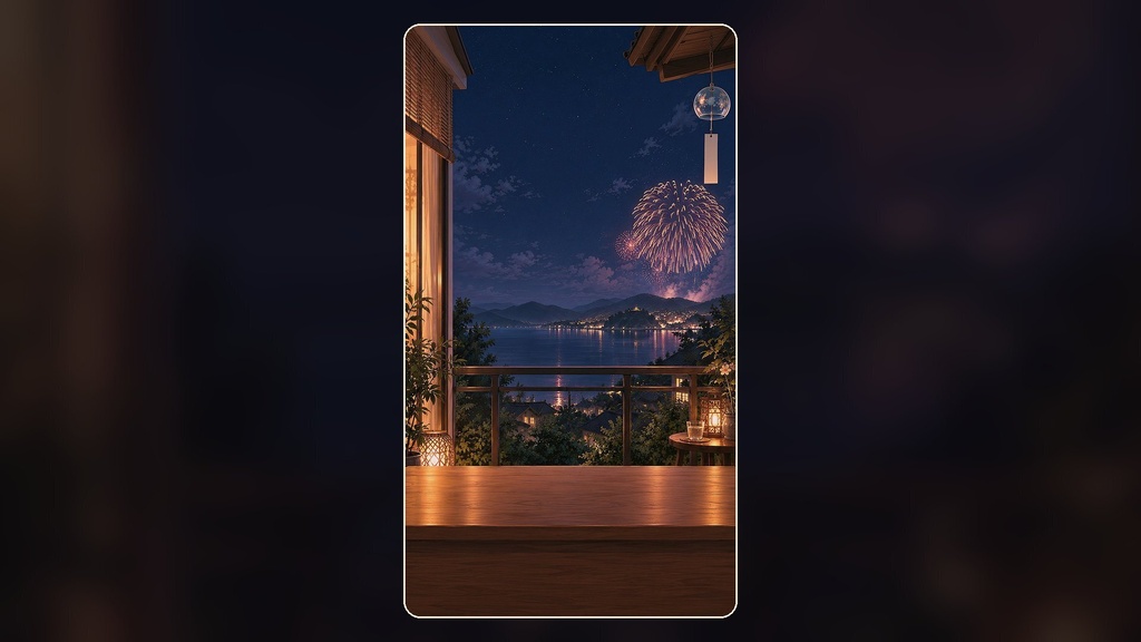 【縦型・動く配信背景・4K対応】花火が見える夏の夜のベランダ|前景透過つき