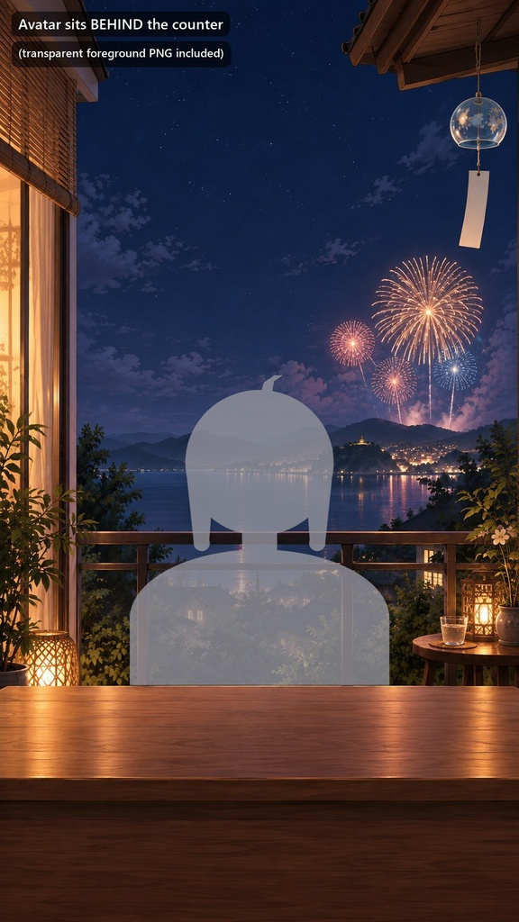 【縦型・動く配信背景・4K対応】花火が見える夏の夜のベランダ|前景透過つき