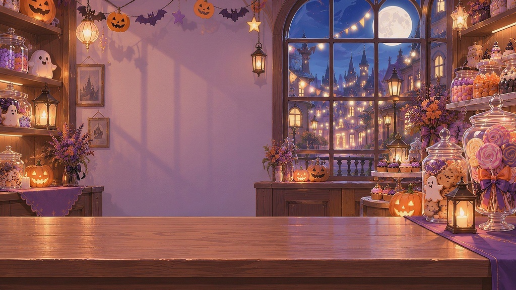 【動く配信背景・4K対応】ハロウィンのお菓子屋さん|前景透過つき