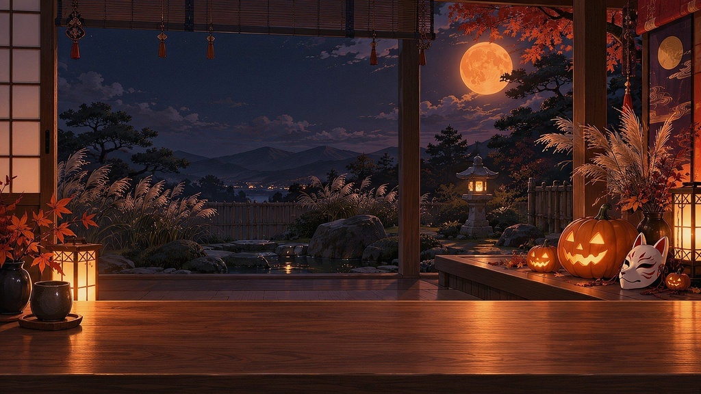 【動く配信背景・4K対応】和風ハロウィンの縁側|前景透過つき