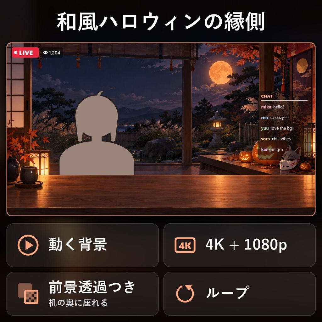 【動く配信背景・4K対応】和風ハロウィンの縁側｜前景透過つき