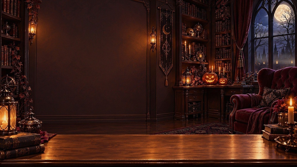 【動く配信背景・4K対応】ハロウィンの洋館の書斎|前景透過つき