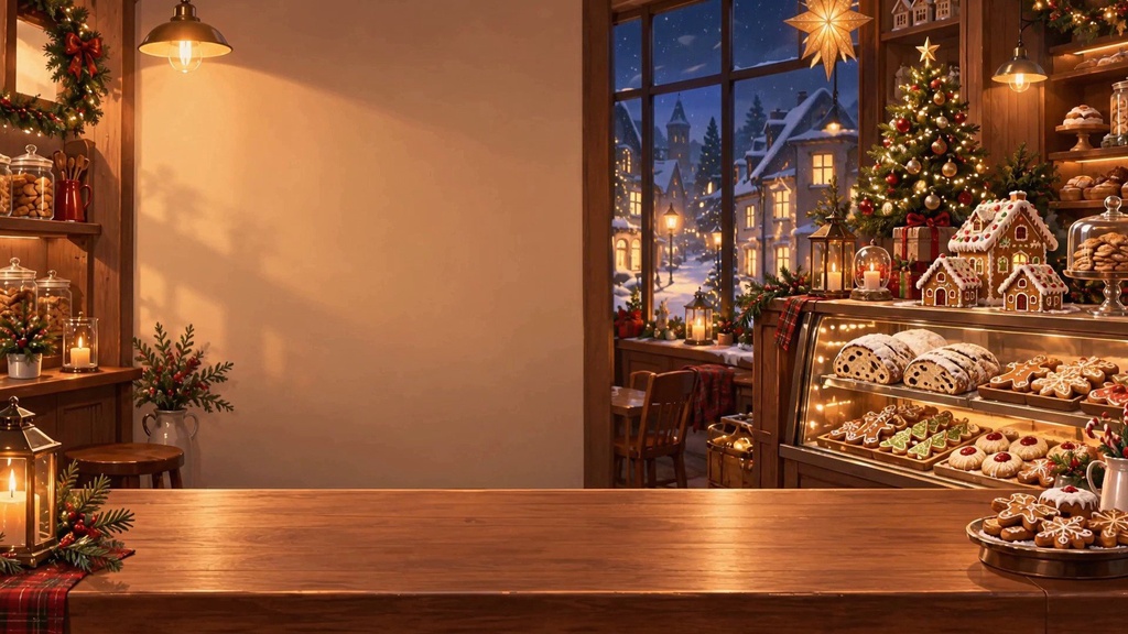 【動く配信背景・4K対応】クリスマスのパン屋さんカウンター|前景透過つき